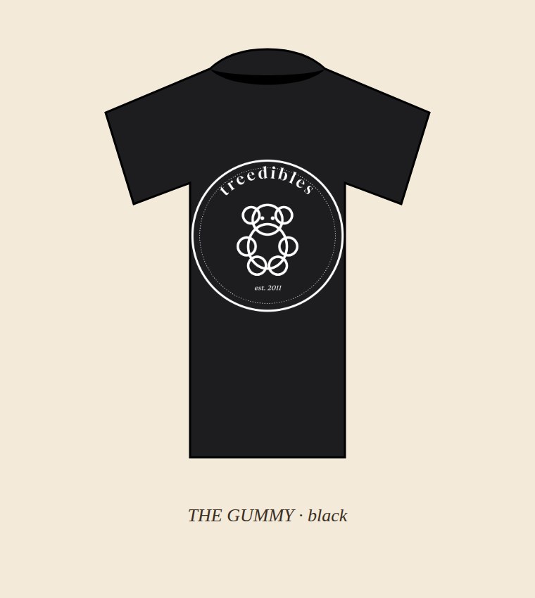 The Gummy tee — TREEDIBLES Society bear badge on a black heavyweight tee